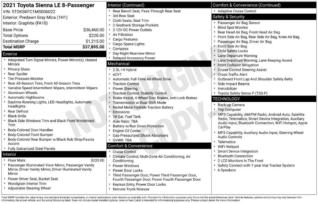 2021 Toyota Sienna LE 8 Passenger