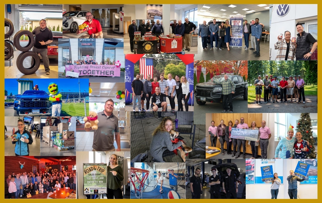 Harnish Auto Family community involvement and team events collage.